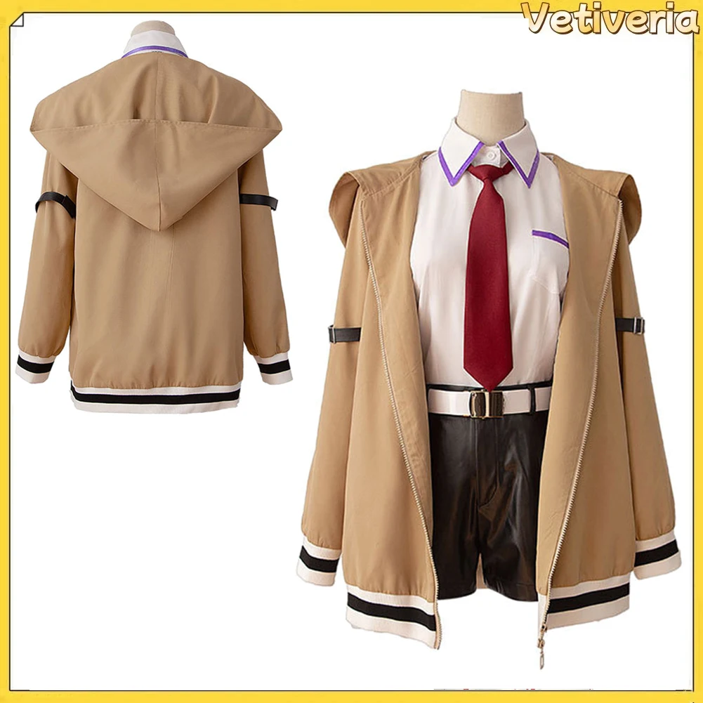 Disfraz de Anime Kurisu Cosplay Makise, Camisa, Pantalones Cortos, Abrigo, Cinturón, Conjunto de Ropa de Juego de Rol Steins Gate, Disfraz de Halloween, Carnaval, Traje de Mujer