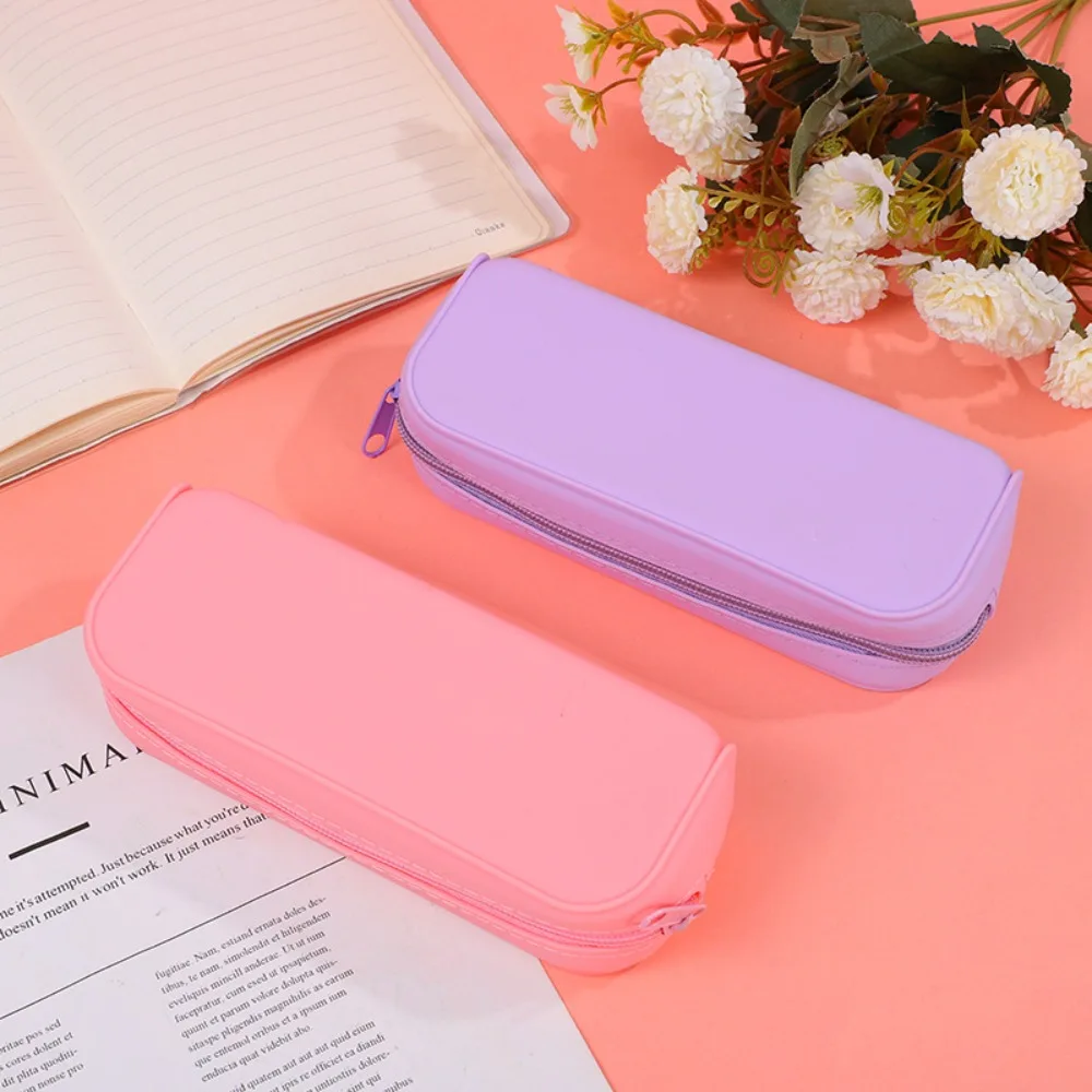 Minimalist Zippered Silicone Pencil Case Large Capacity Waterproof Pen Bag Candy Color Stationery Storage Pouch Student