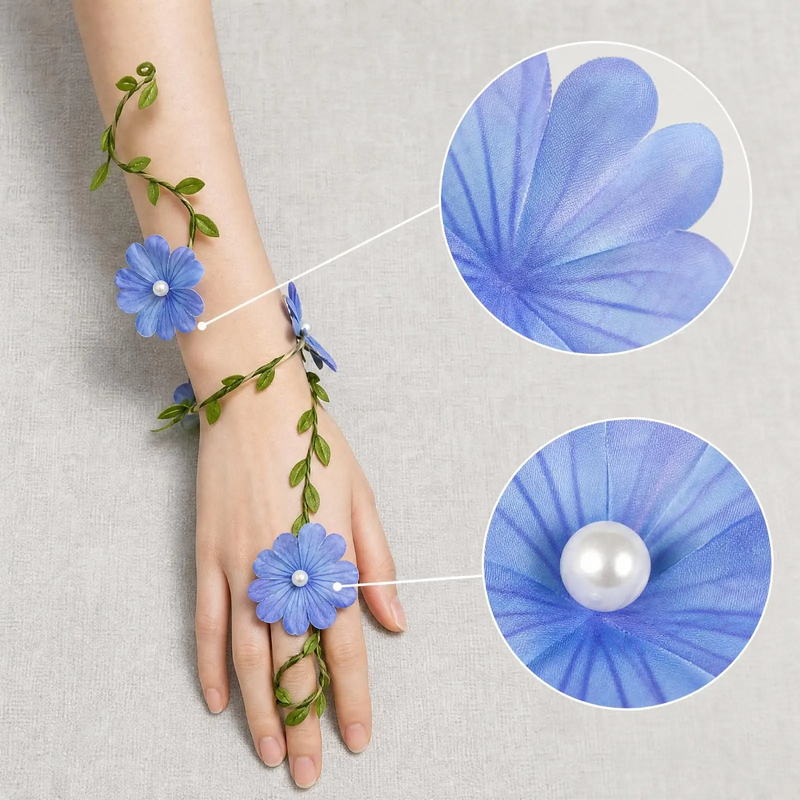Pearl Center Fairy Wrist Garland for Women Floral Textile Flower Bracelet with Coiling Band Leaf Detail for Festival Stage