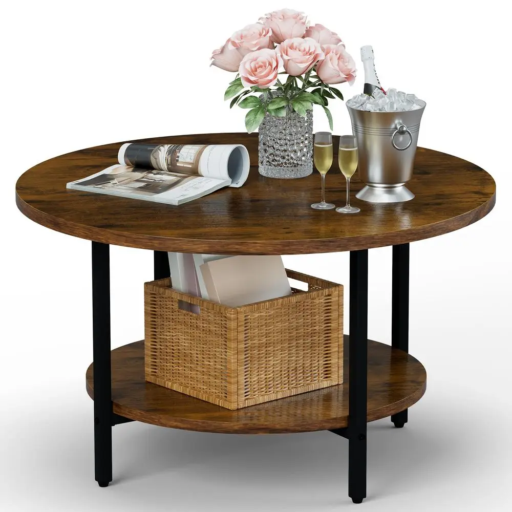 

Round Coffee Table, 27.6 Circle Coffee Table for Living Room, 2Tier Wood Accent Center Table with Open Storage Industrial Desig