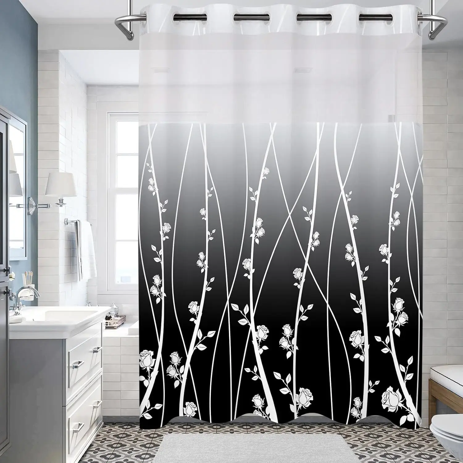 

No Hook Shower Curtain Whith Snap in Liner Set, Black Ombre Floral S iped Fabric Shower Curtains for Bathroom Hotel Dec