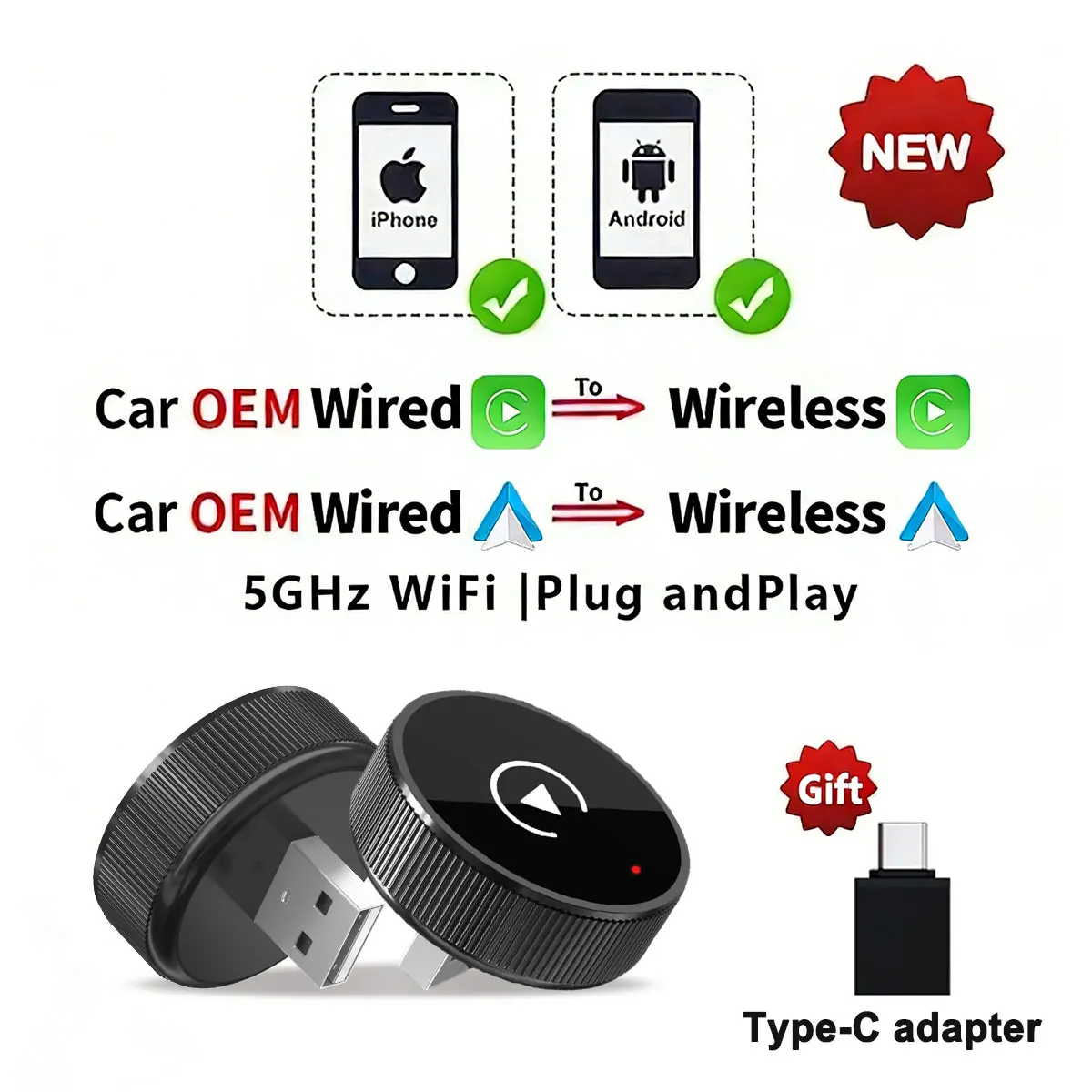 Adaptateur sans fil 2 en 1 CarPlay Android Auto, connexion USB intelligente, plug & play pour les voitures câblées d'origine iPhone et Android
