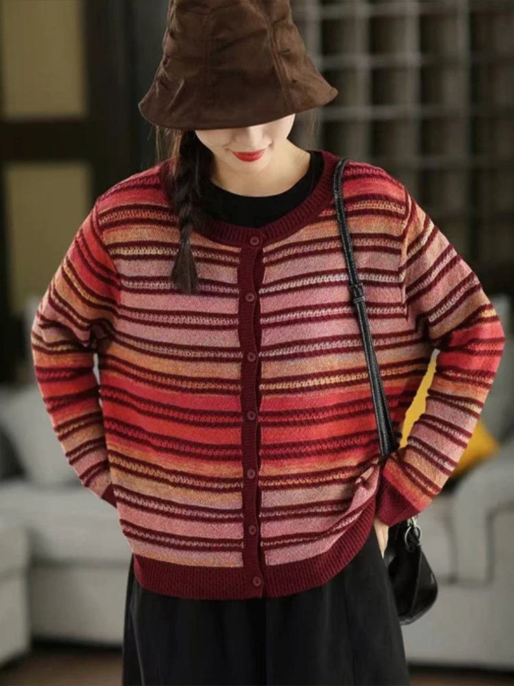 Amax LuluE Herbstmode Harajuku Strickwaren Damen Vintage Lose Gestreifte Pullover Damen Klassisch Freizeit Elegante Baumwollstrickjacken