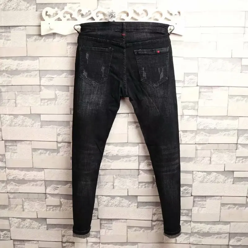 Man's Summer New Elastic Slim Fit Korean Spirit Guy Leggings Skinny Black Denim Jeans Casual Men Designer Ripped Pants