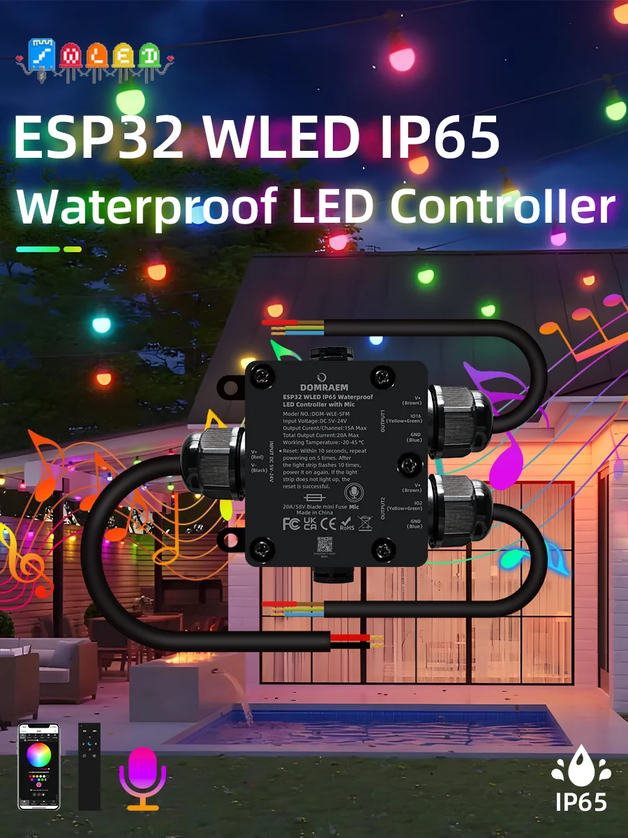DOMRAEM ESP32 WLED Controller IP65 Wasserdicht 2-Kanal 20A Eingebauter Sicherungsautomat DC5V-24V Digitaler Pixel-LED-Controller Audio-Reaktiver Mikrofon-Controller für Außenbereich, Landschaft, Auto,
