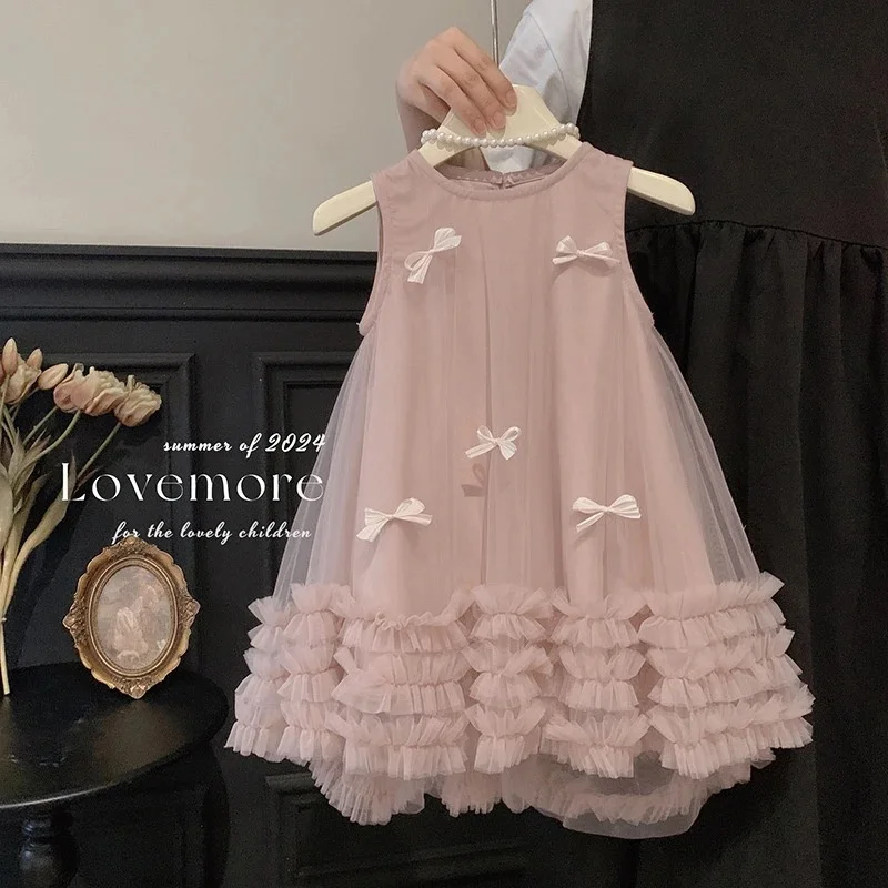 Girls Princess Dresses Kids Sleeveless Stereoscopic Bow Mesh Dress Children Clothes Party Gown Ball 2-10 Years