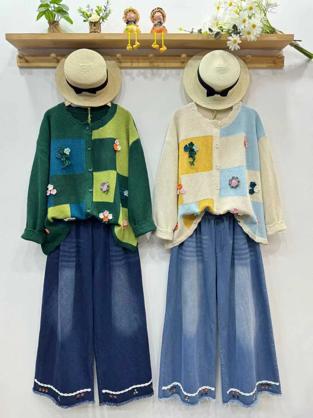 

Бюст 142 см Mori Kei, одежда в японском стиле, винтажный зеленый, фиолетовый, бежевый лоскутный свитер для женщин, кардиган ручной работы с вышивкой