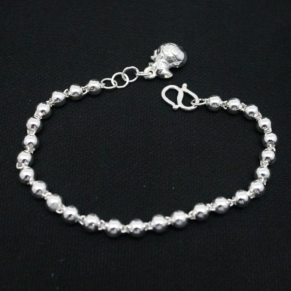 

Real Pure 999 Fine Silver Chain Women 5mm Glossy Beads Link Fu Bag Bracelet 6-7g