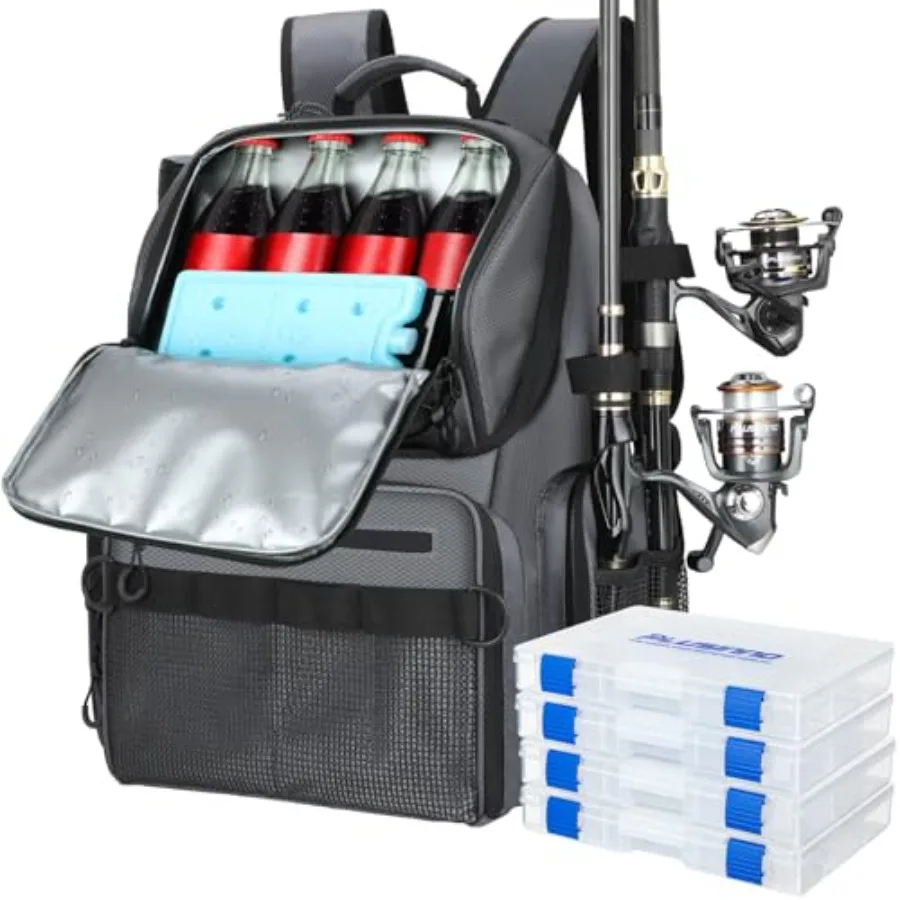 

Cooler Fishing Backpack with Rod Holders 45L Large Water-resistant Fishing Tackle bag Store Fishing Gear Fishing Gifts for Men