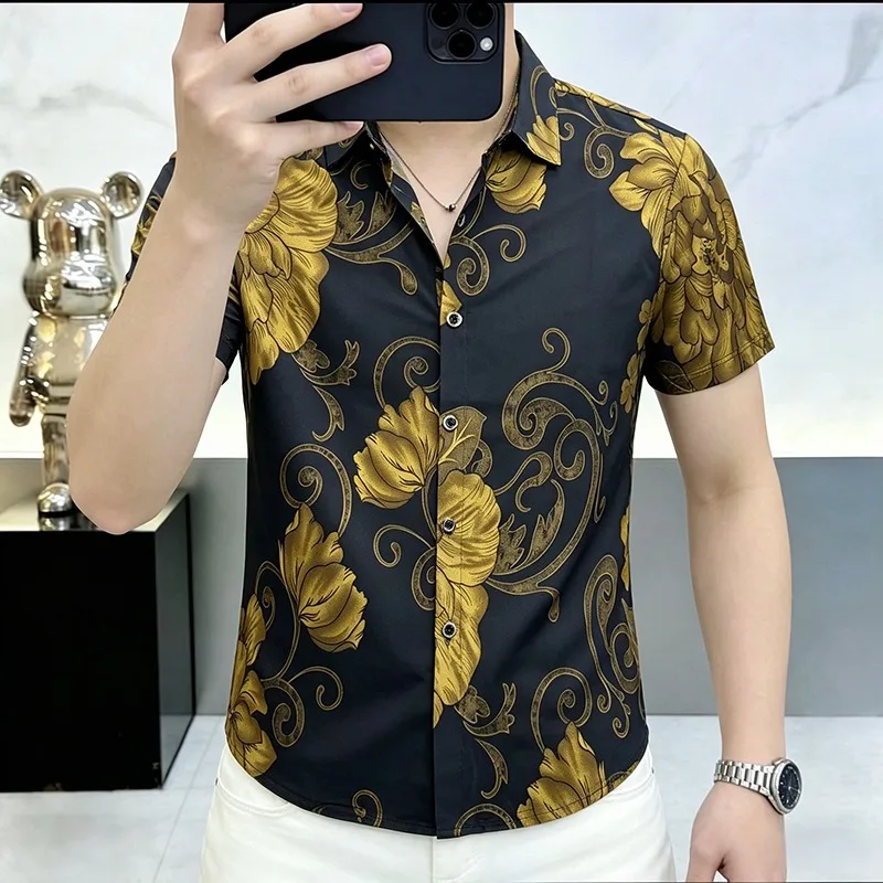 

Luxury Printed Short Sleeved Shirt for Men Summer Lapel Slim Casual Shirts Breathable Business Social Hawaiian Vacation Shirt