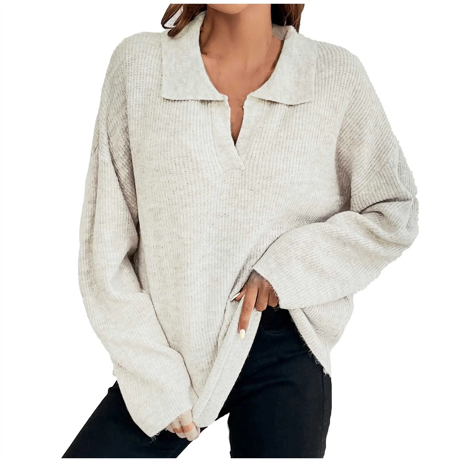 Solid V Neck Knitwear for Women 2024 Loose Knitted Korean Polo Collar Sweater Pullover Oversize Basic Chic Ins Sweater Top