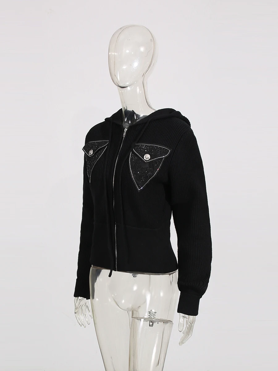 ROMISS الصلبة فضفاضة تقسم سستة البلوزات الموضة للنساء الخامس الرقبة طويلة الأكمام المرقعة جيوب سترة الملابس النسائية #4