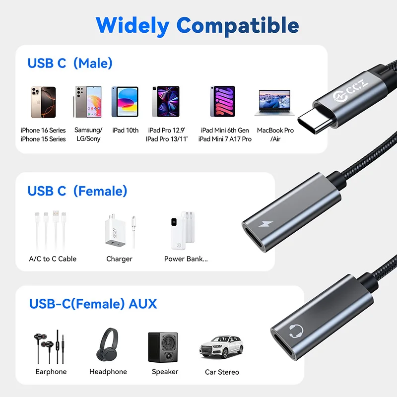 CCZ CA01 USB C a tipo c Jack AUX Audio auriculares Cable 2 en 1 tipo c auriculares 60w PD adaptador de carga rápida para iPhone Macbook