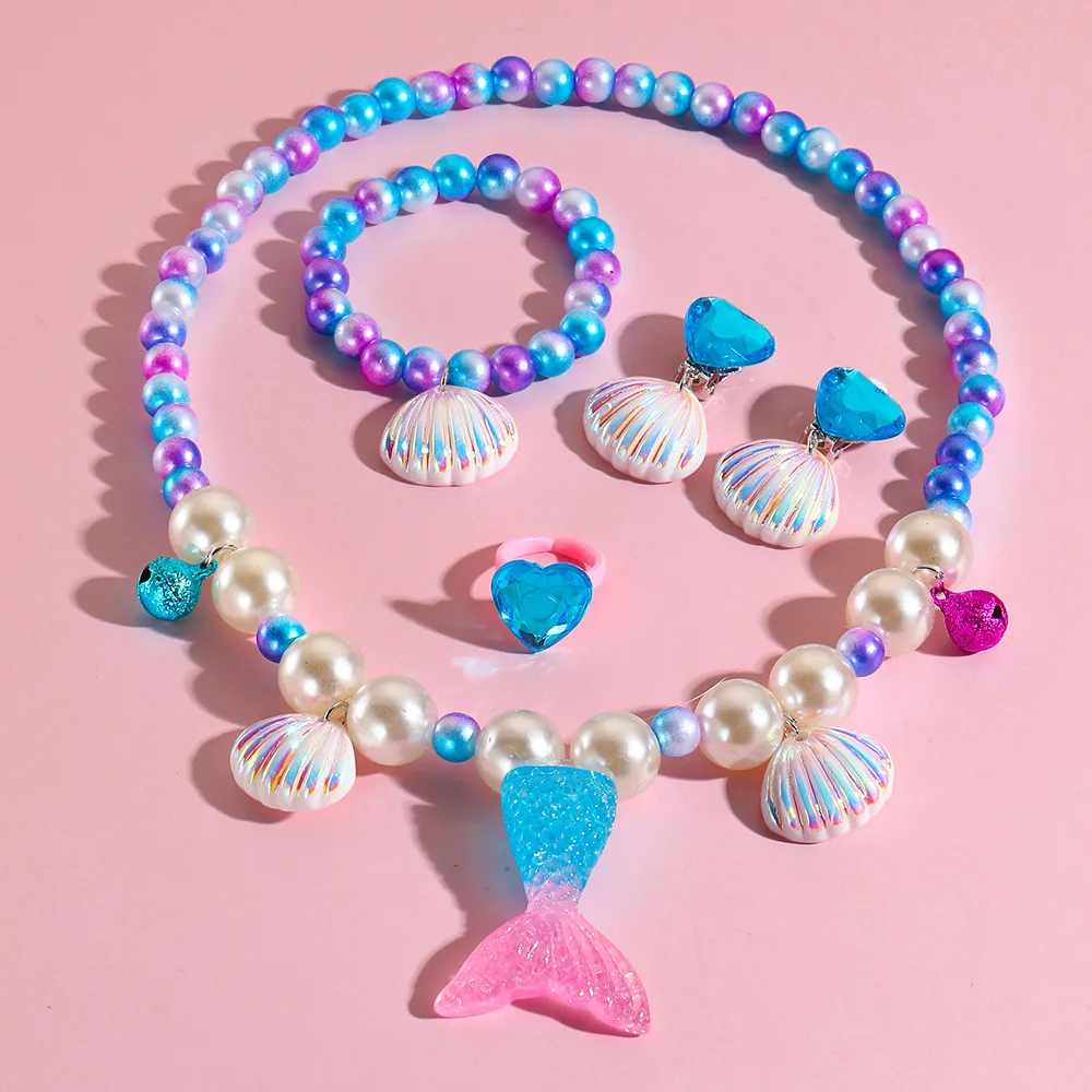 Non-Toxic Mermaid Craft Set DIY Pearl Necklace Kit Ocean Theme Princess Jewelry Nickel-Free Kids Gift for Creative Pretend Play