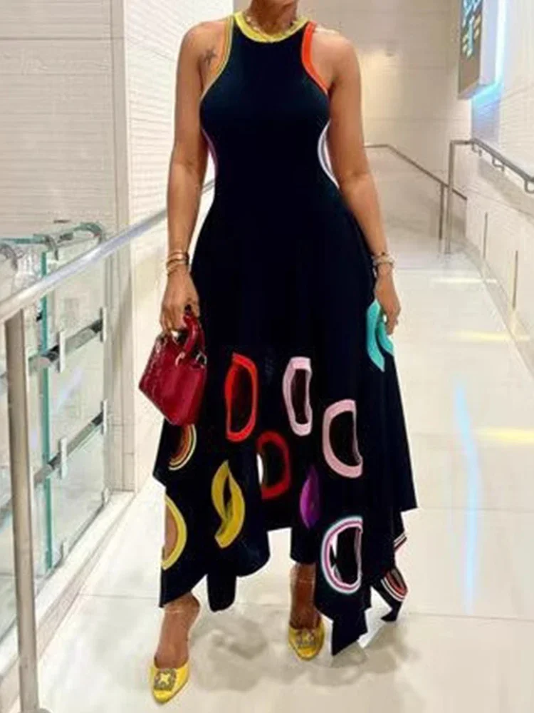 

Women's Circle Hollow Out Tank Dress Round Neck Asymmetric Hem Pleated A-Line Casual Elegant Sleeveless High Street Sexy Dress