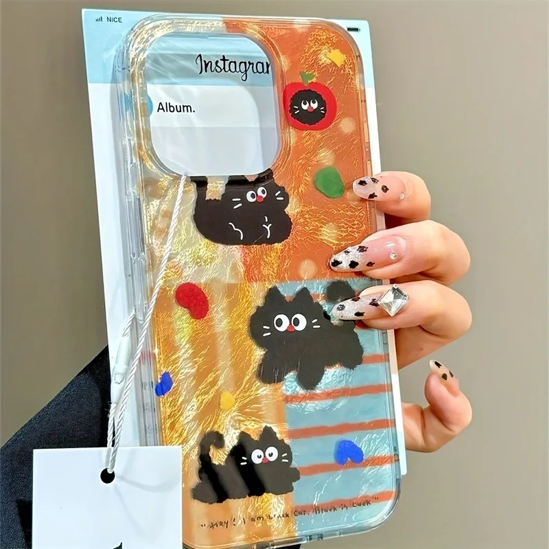 Cute Black Cat Glitter Glacier Pattern Phone Case for Samsung Galaxy S25 S24 S23 S22 S21 FE Ultra Plus 4G 5G Feather Back Cover