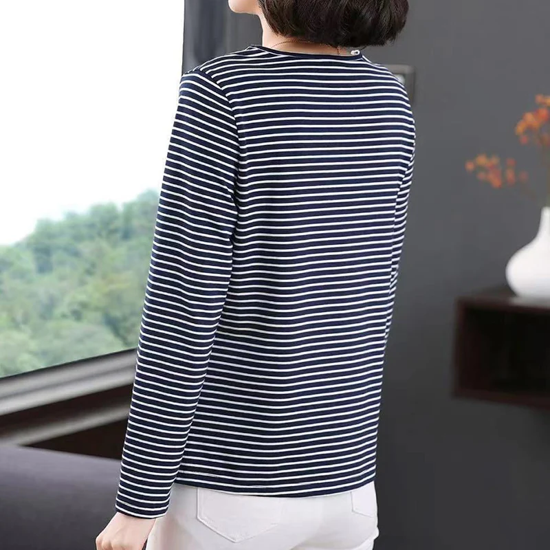 Casual Fashion Solid Striped Printing T-shirt Spring Autumn 2022 Long Sleeve Peter Pan Collar V-Neck Loose Tops Ladies Clothing