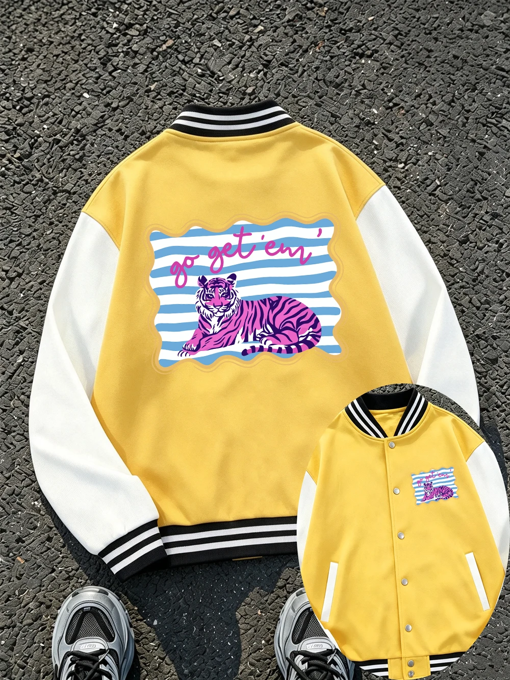 Go Get 'Em' Tiger Printed Jackets Mens Winter Fleece Warm Baseball Jersey Casual Pocket Cotton Coats Street Loose Male Clothes