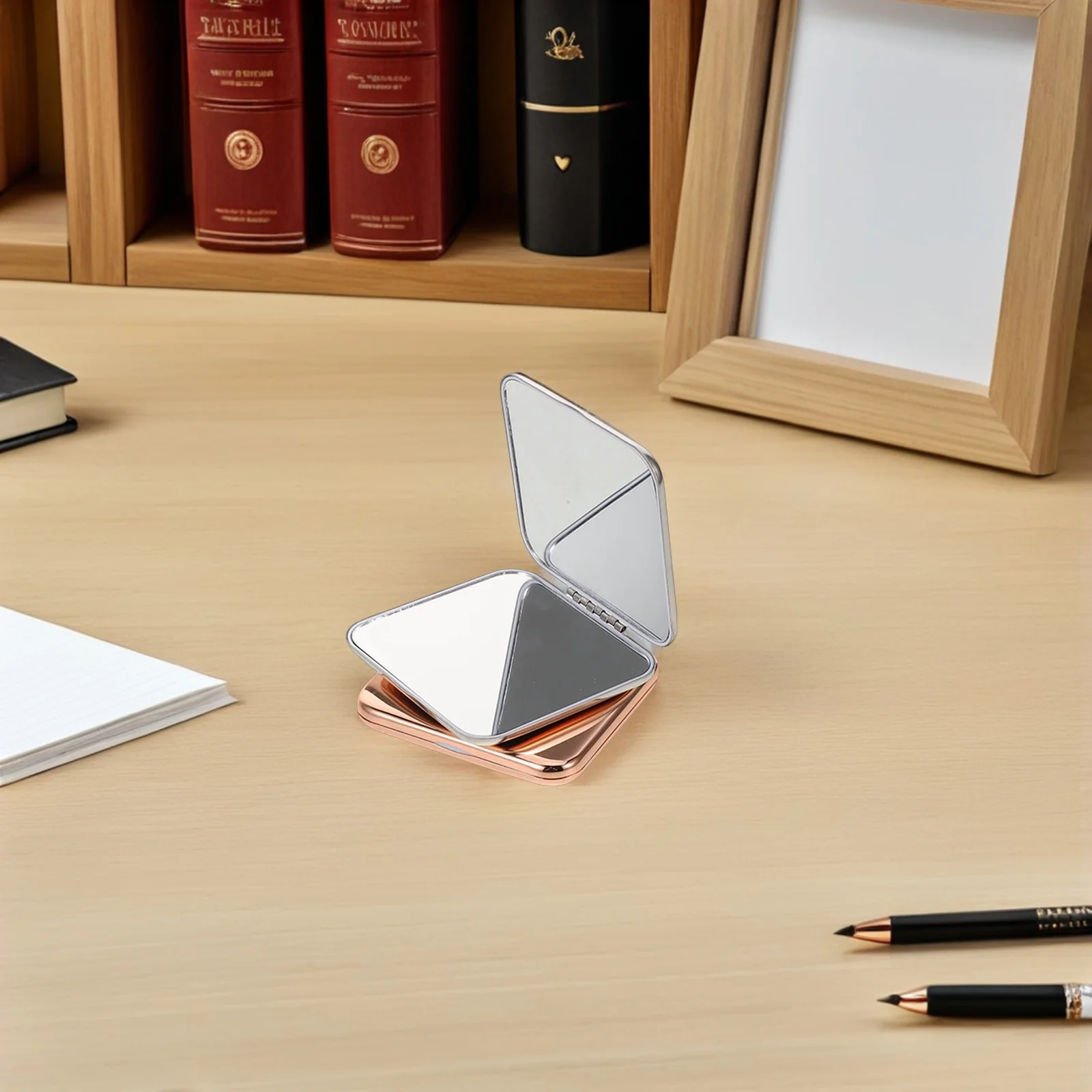 

2Pcs Folding Makeup Mirror Portable Metal Compact Chrome Rose Gold Small Hand Mirror Travel Purse Makeup Touchup