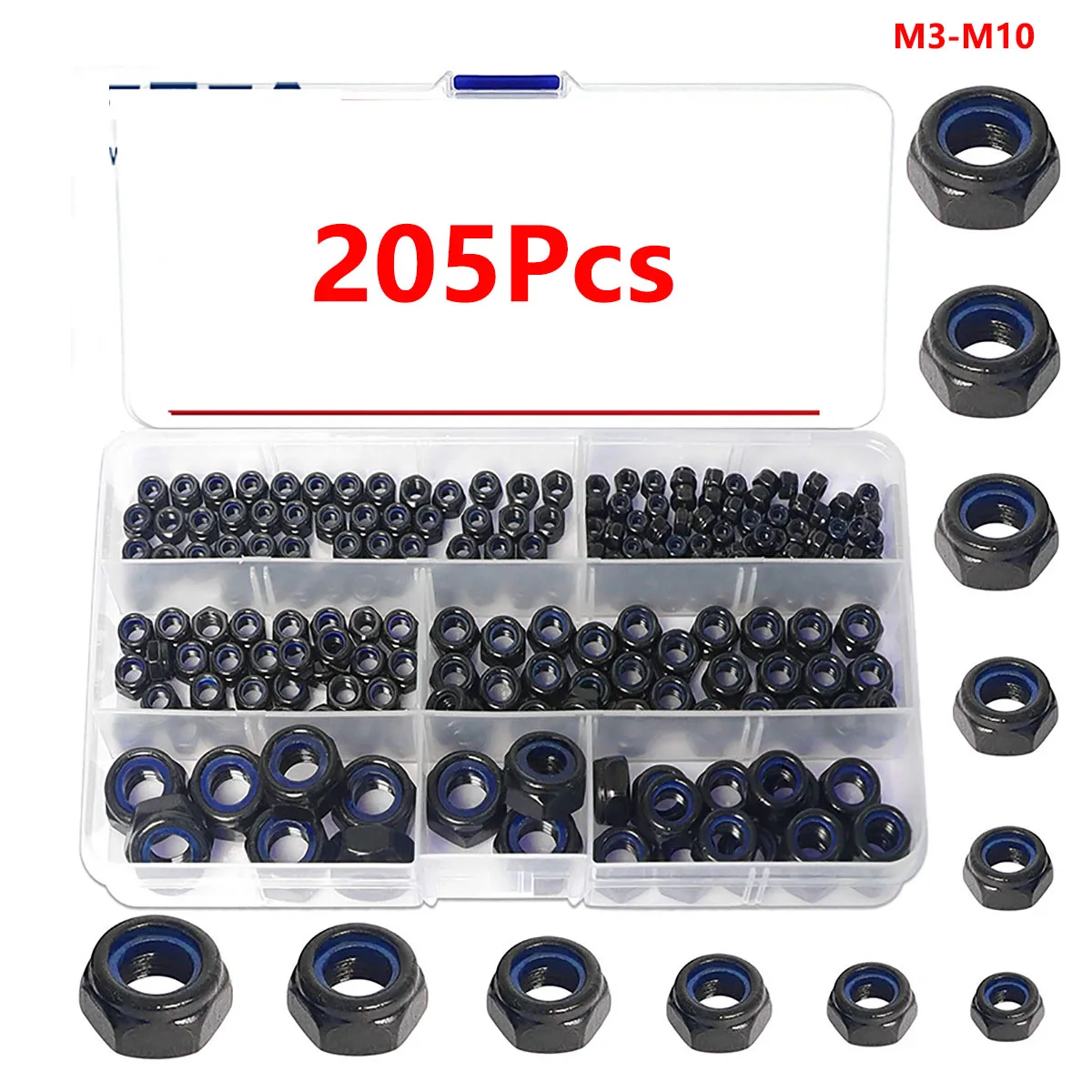 

205Pcs Black Carbon Steel Hex Nut Nylon Insert Self Lock Nuts Assortment Kit Set M3 M4 M5 M6 M8 M10 Locknut Hexagon Locking Set