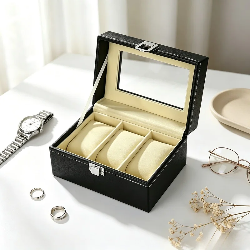 Unisex PU Leather Watch Organizer Box, Portable Watch Display Storage Tray, Collector Case for Home Countertop & Travel Display