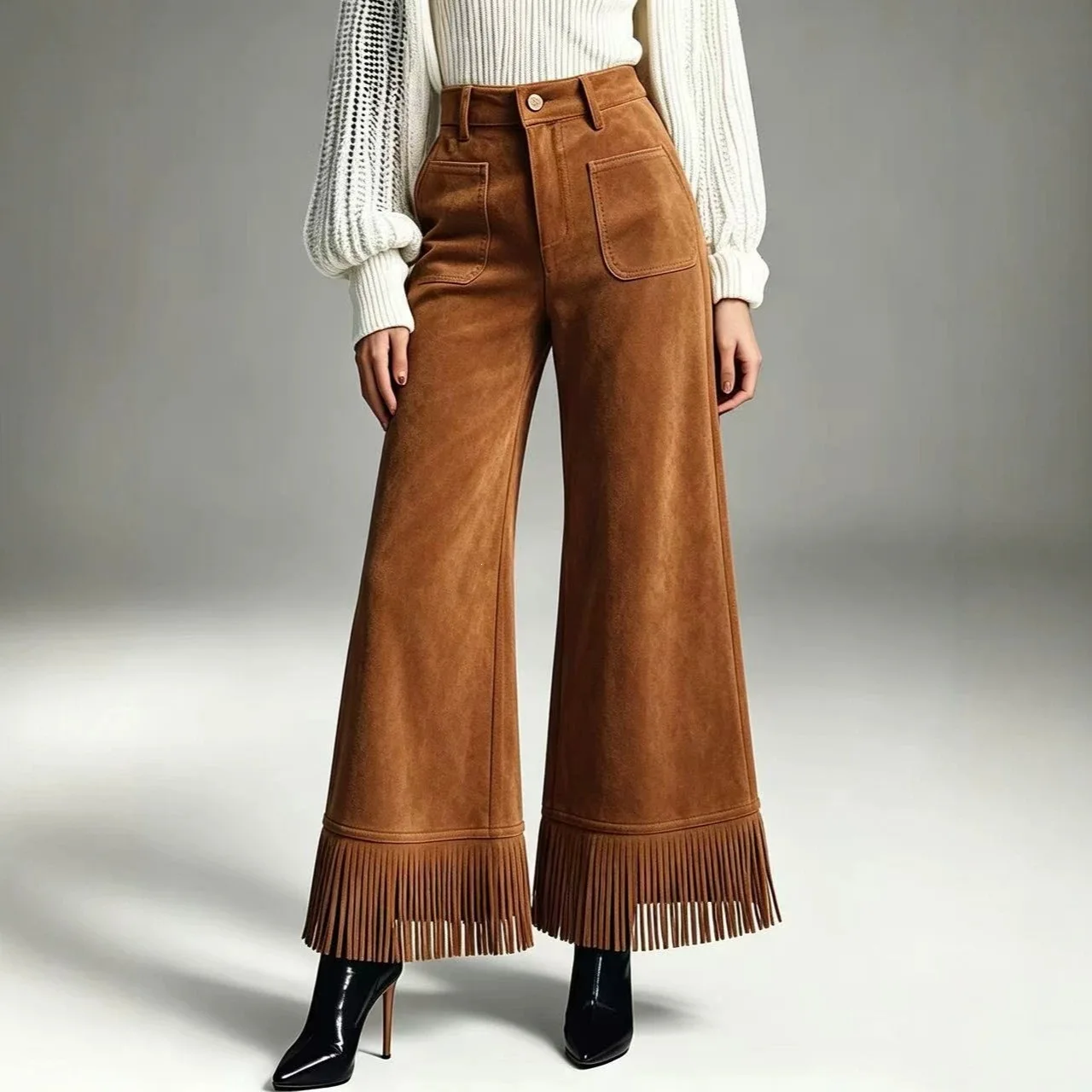 Women Retro Western Faux Suede High Waist Wide Leg Pants Fringe Hem Pockets Button Fly Casual Pants Fall Winter Chic Streetwear