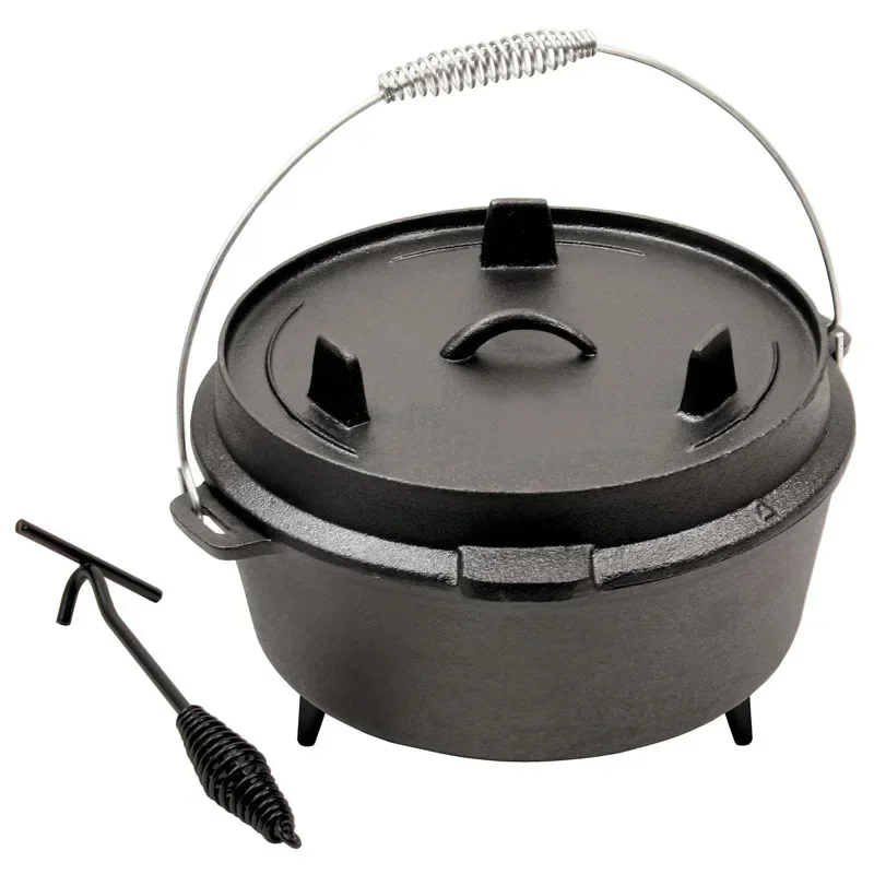 25cm Camp Dutch Oven Pre Seasoned Cast Iron Lid Also a Skillet Casserole Pot with Lid Lifter for Camping Cooking BBQ Baking 4QT