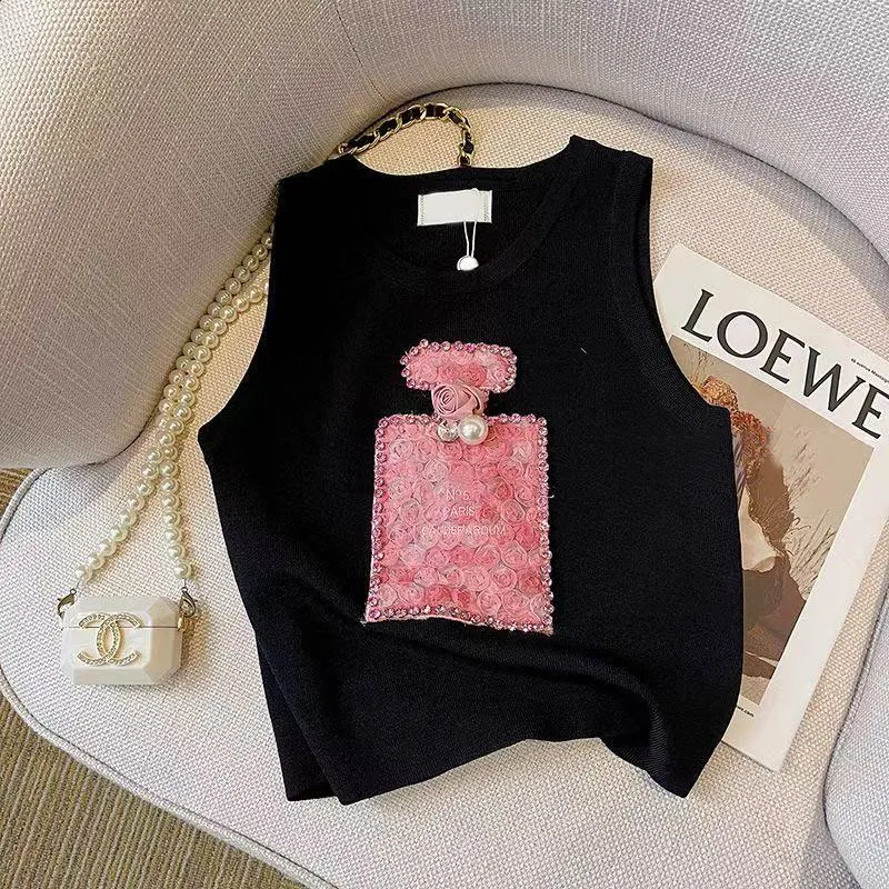 Black Short-sleeved T-shirt Top DesignerKnitted Vest; Sports Vest  Women's Clothing Niche Age-reducing Beauty and Style