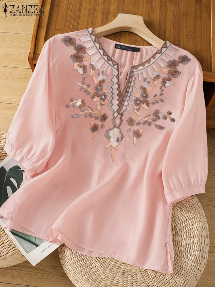 

Vintage Shirts ZANZEA Summer Embroidery Blouses Women Half Sleeve Floral Holiday Tunic Tops Casual V-Neck Work Blusas Tunic 2025