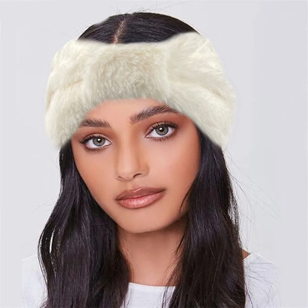 Winter Warm Soft Faux Fur Wide Headbands Winter Ear Warmer Bowknot Fluffy Hairband Elastic Turban Women Girl Hair Accessories