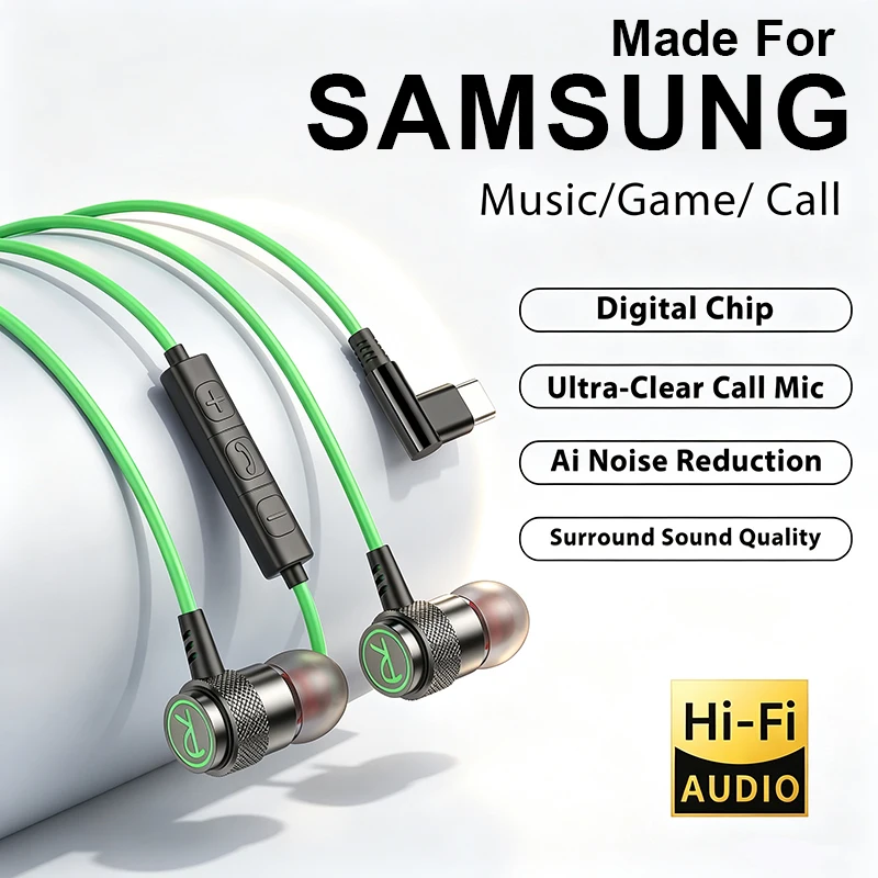 For Samsung Wired Gaming Headset Type C HiFi Surround Sound With Mic Remote Control 3.5mm Headphones For Galaxy S26 S25 S24 Utra