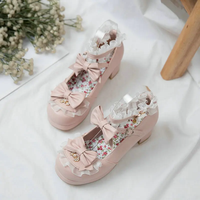Japanese Sweet Lolita Shoes Bowknot Shallow Mouth Pumps Cute Girl Round Toe Mid Heel Princess Lolita Dress Shoes Plus Size