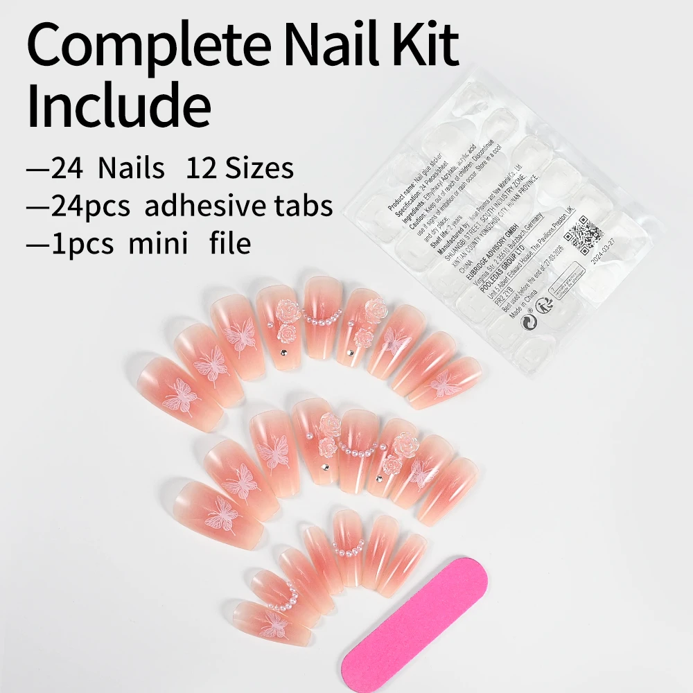 Imprensa longa em unhas postiças com design de arco, capa completa rosa pontas de unhas falsas, cola acrílica nas unhas, ponta francesa vestível, 24pcs