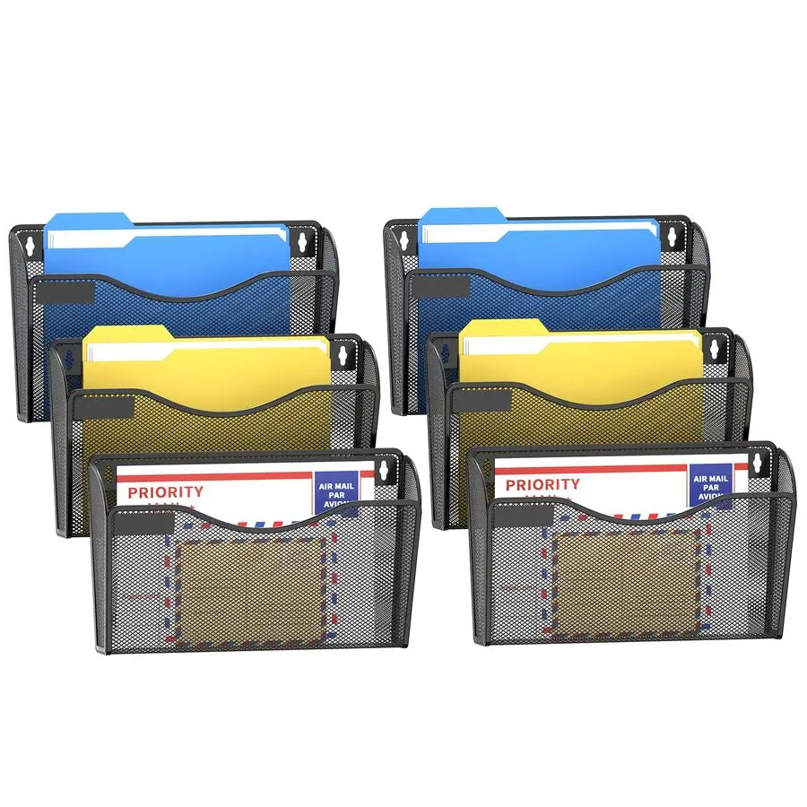 6 Pack Mesh Wall Mounted File Holder Metal Wall File Pocket Mail Organizer for Office Homewith Label Panel