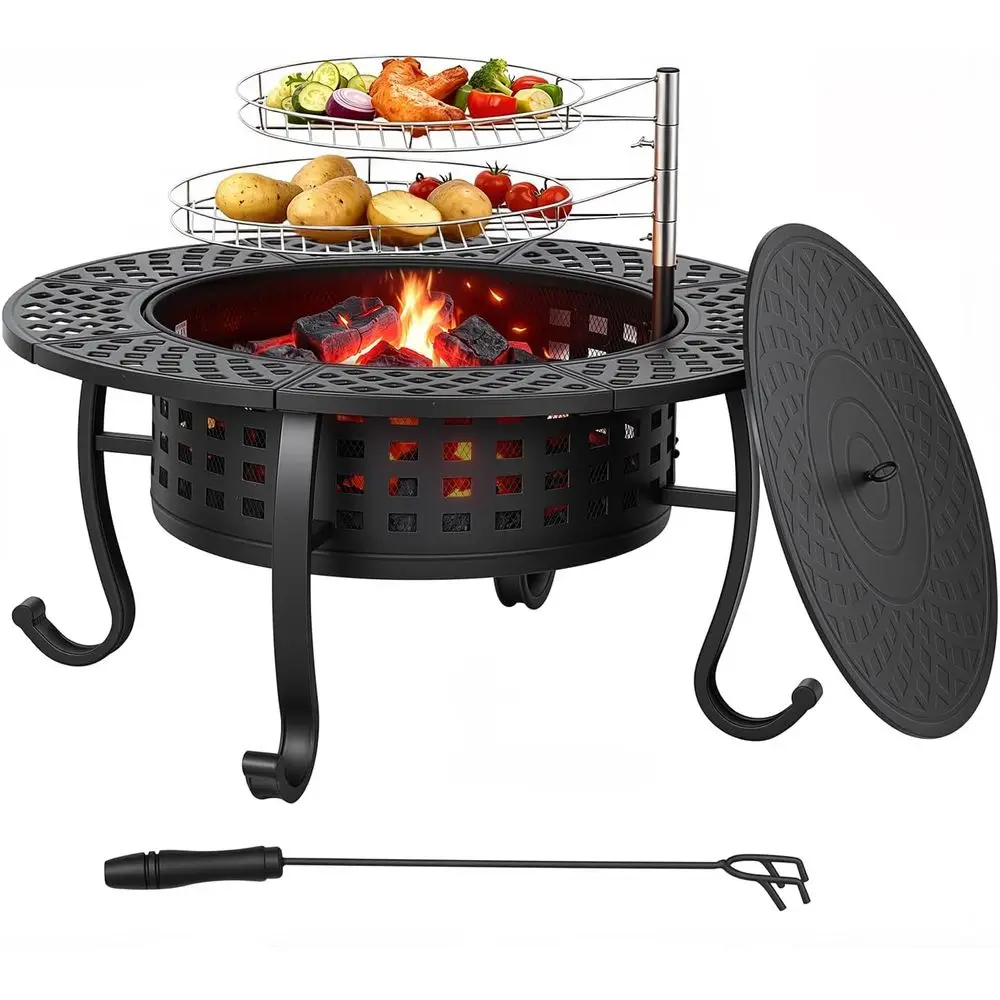 

36 Inch ire Pit with 2 Adjustable Grills,Wood Burning ire Pits or Outside with Lid & ire Poker, BBQ& Outdoor irt & Round Metal T