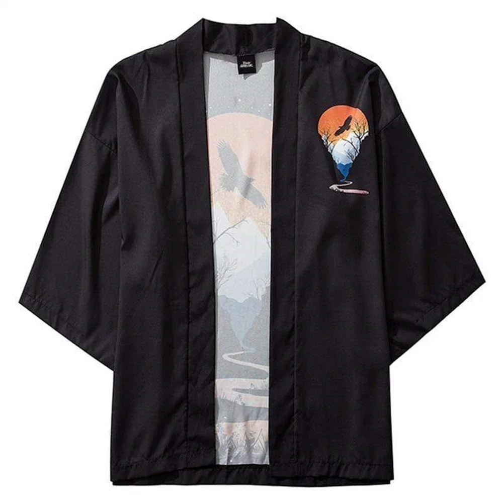 

Summer new men's cardigan kimono snow mountain eagle pattern print casual men's tops street fashion three-quarter sleeve kimono