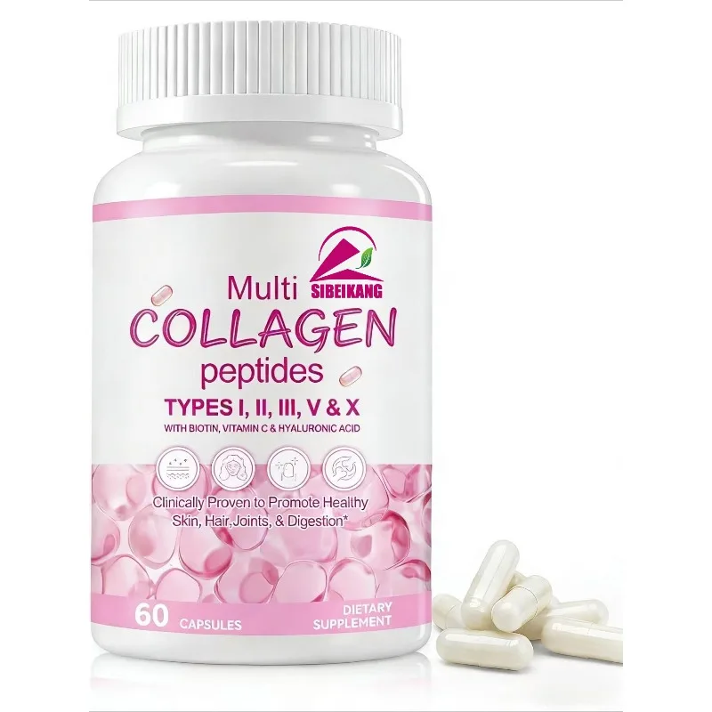 

Male and female collagen peptide capsules containing biotin and hyaluronic acid, vitamin C, hair, skin, and nail health support