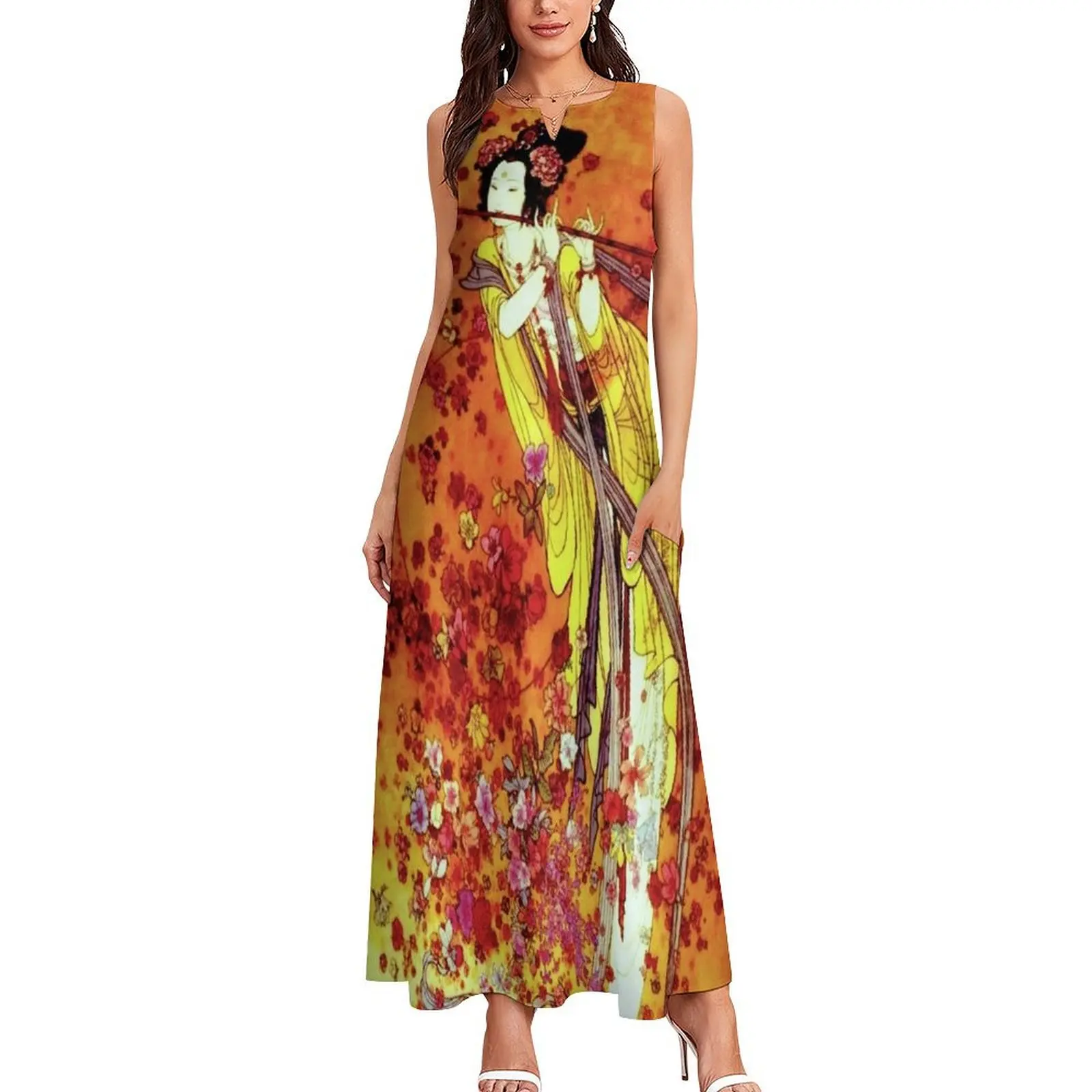 JAPANESE GEISHA FLUTIST Vintage Decorative Painting Print Long Dress Long veiled dresses dress for women summer sexy dress