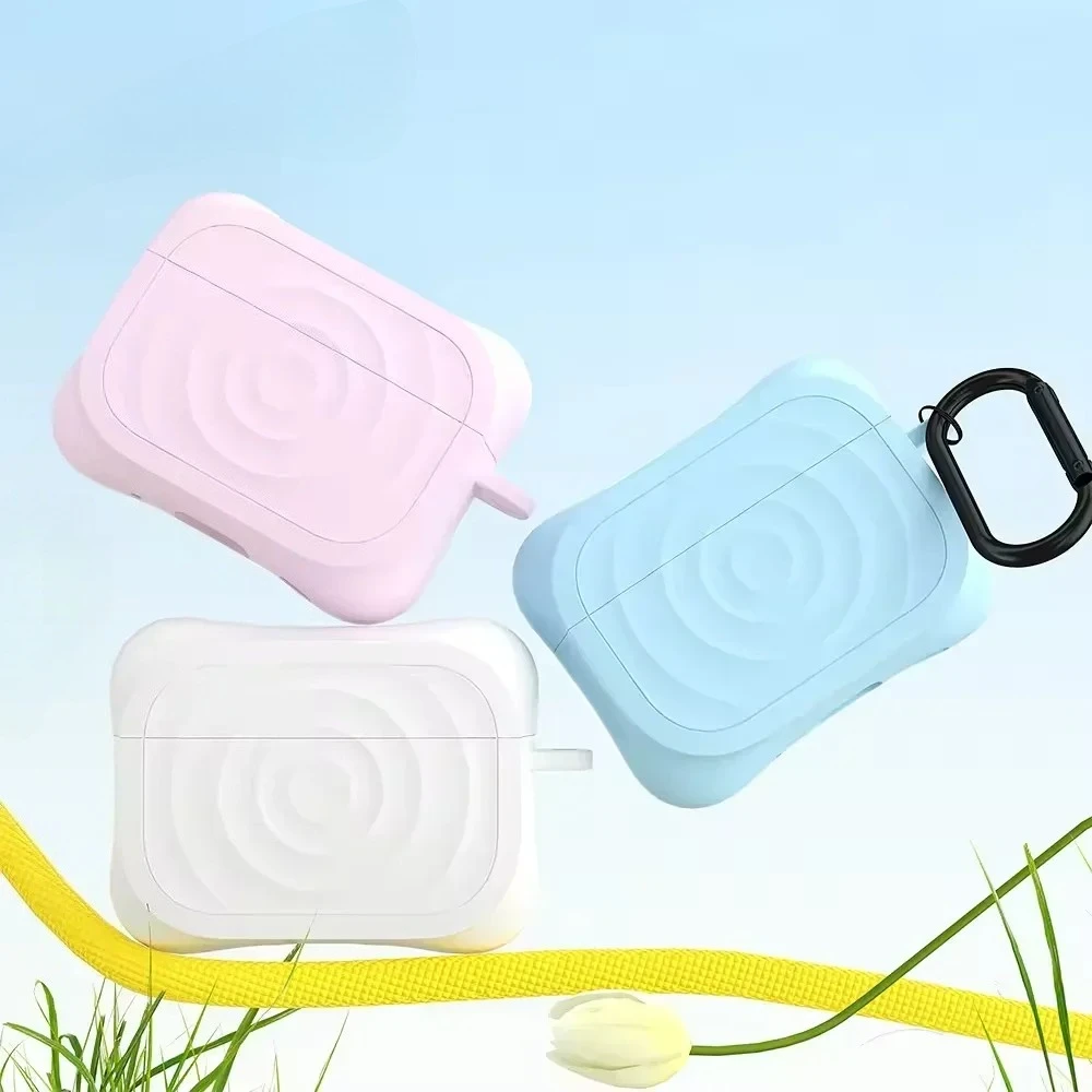 

Sle Candy Color Ripple Silicone Headphone Case for Apple AirPods 4 3 2/1 Pro 2 Metal Keychain Earphone Bluetooth Skin Feel Cover