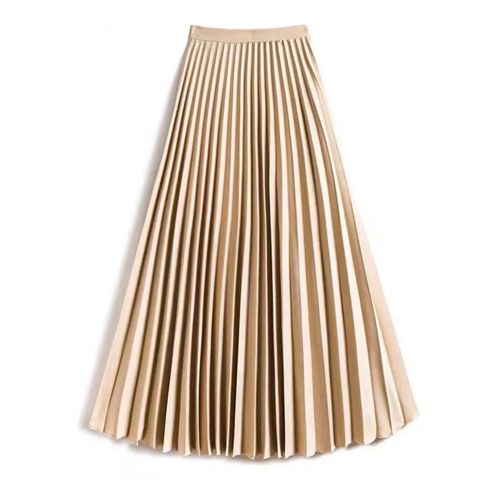 Women Pleated Skirt Elegant Satin Pleated Midi Skirt for Women High Waist Solid Color Long Skirt for Work Wear Stylish Leisure