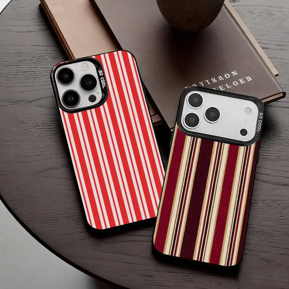 

B-Burgundy W-White Stripe Phone Case For iPhone17,16,15,14,13,12,11 Plus,Pro Max Black Candy Silver Plated Cover