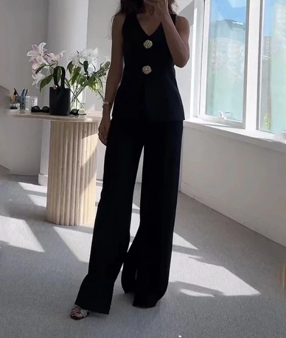 Elegant Tank Top Two Piece Sets Women Streetwear Summer 2024 New Solid V-neck Sleeveless Vest High Waisted Wide Leg Pants Suit