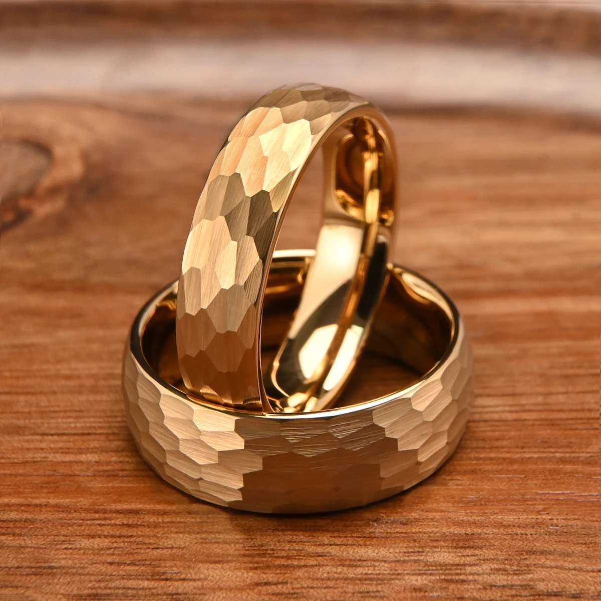 

8MM/6MM golden tungsten carbide ring, hand hammered, men's engagement & wedding bands, fashion couple jewelry, anniversary gifts