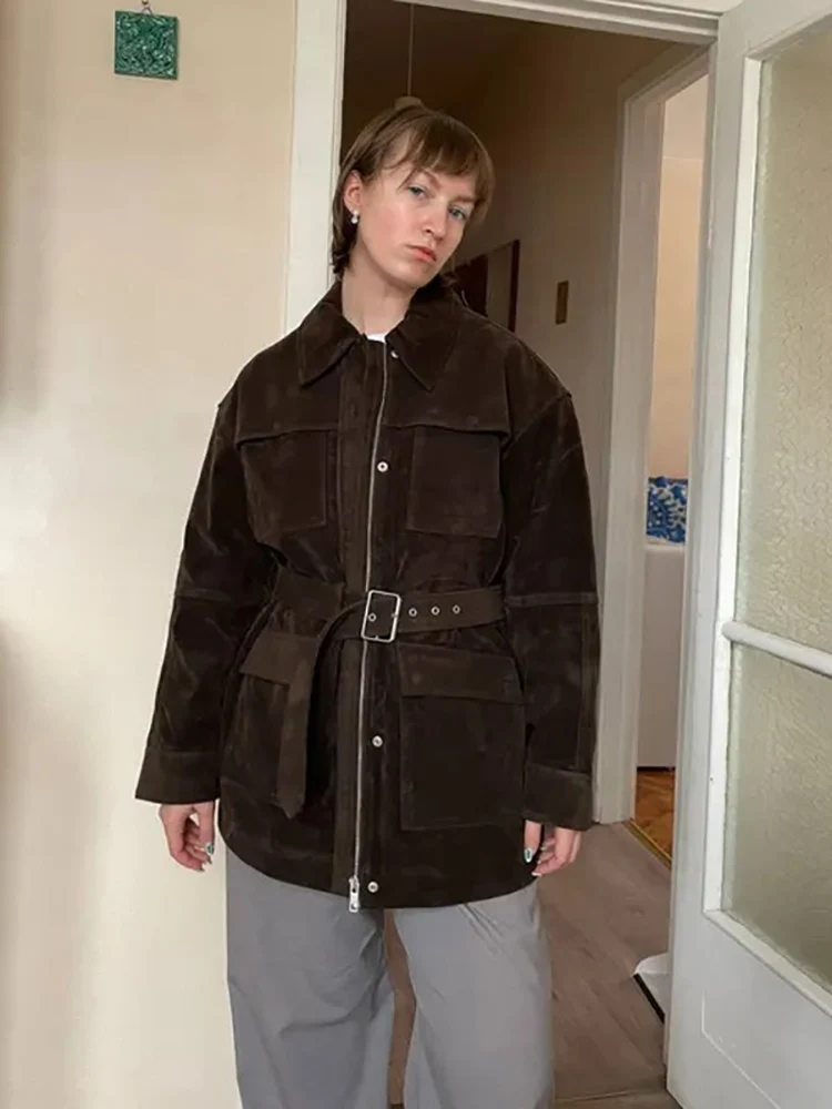 Women Faux Suede Belted Waist Jacket Lapel Collar Multi Flap Pockets Zip Up Loose Outerwear Retro Fall Winter Daily Street Wear