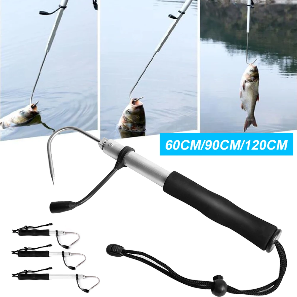 60cm/90cm/120cm Telescopic Fish Gaff Stainless Steel Hook Ice Sea Fishing Spear Hook Aluminum Alloy Rod For Saltwater Ice Boat