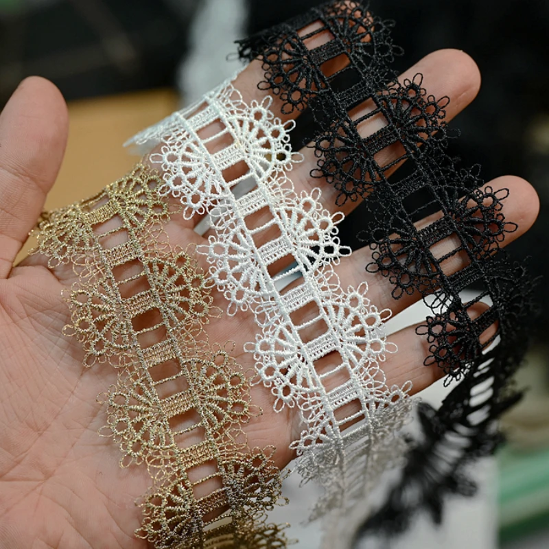 Hollow Style Fabric for Wedding, Fluorescent Lace, Gold Thread, Embroidery Lace, Accessories Trim, White, Black, Golden, DIY