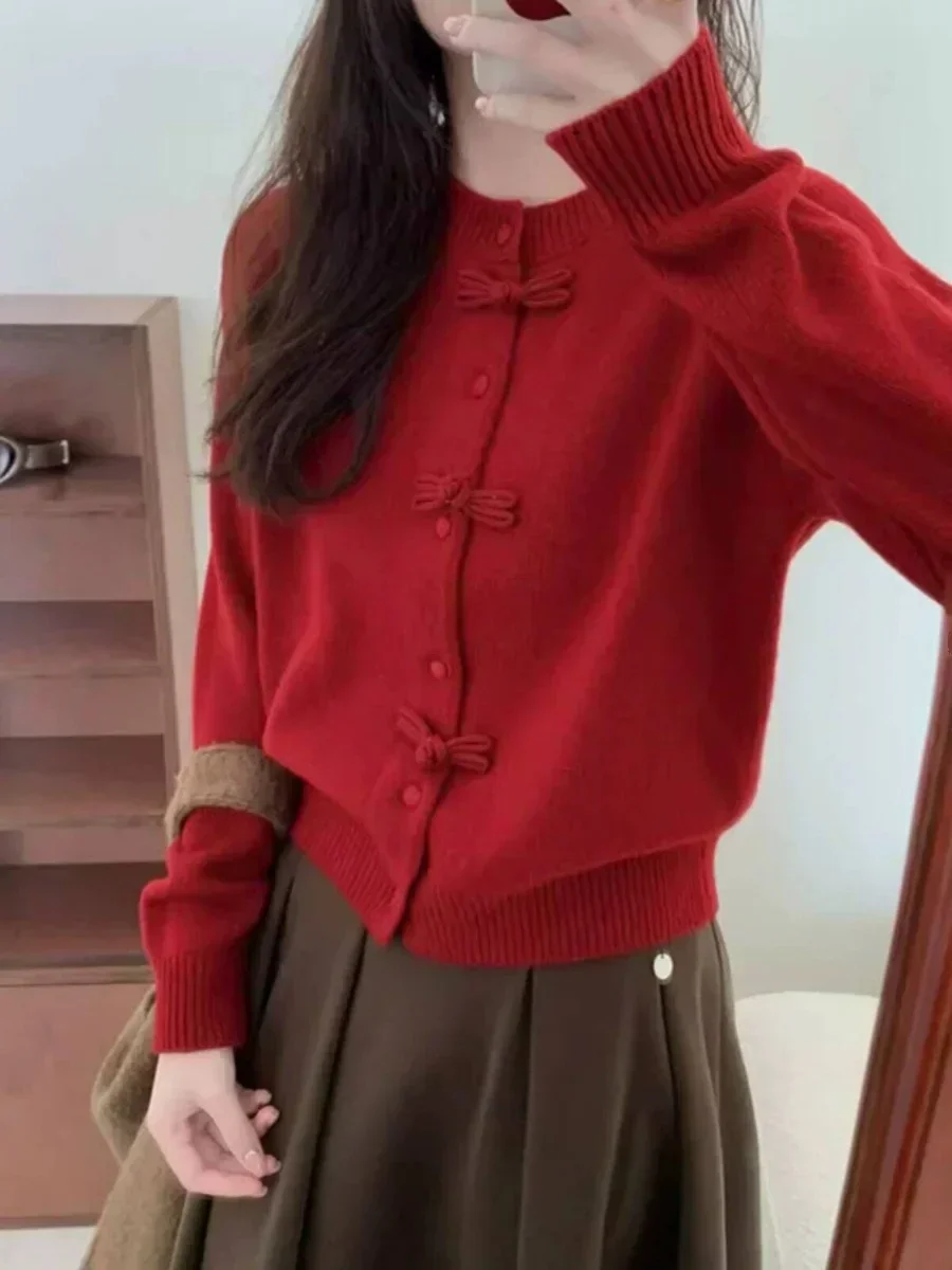 Lazy Cardigan High-Grade Temperament round Neck Knit cardigan New Chinese Sle Buckle Design Sense Red Sweater Outerwear Fashion