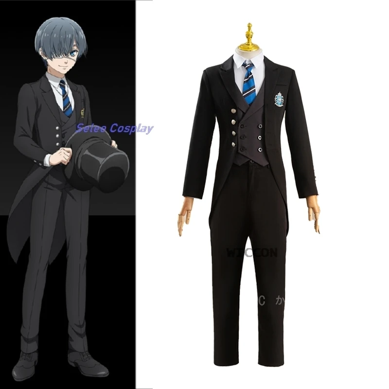 黒のブタンラーciel phantomhiveコスプレコスチューム、ウィッグ、kroushitsuit ji、パブリックスクールユニフォーム、男性用ハロウィーンスーツ、オールブラック