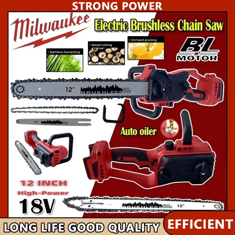 

Milwaukee 18V Battery 12 Inch Brushless Chain Saw Auto Oiler High-power Cordless Electric Chainsaw Wood Cutting Power Tools