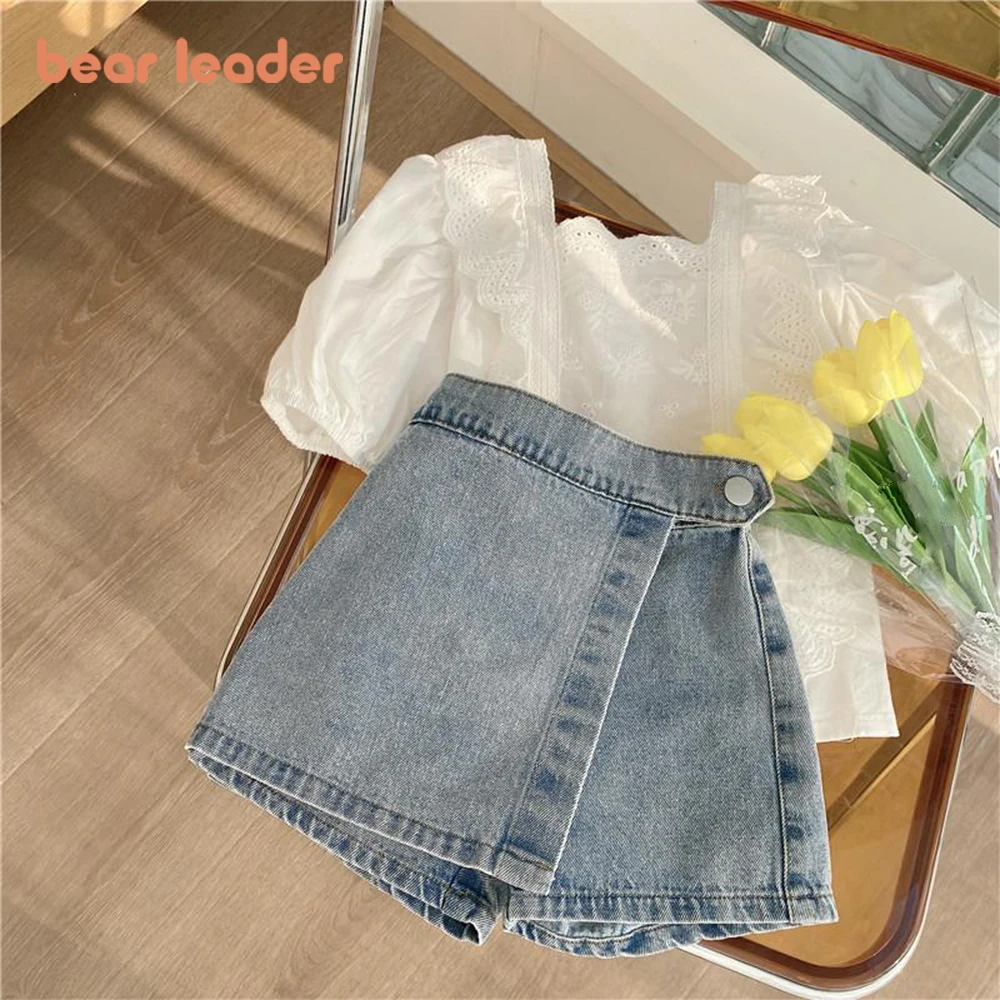 Bear Leader Girls Suit Summer New Korean Girls Sweet Lace Hollow Shirt Fake Two Denim Shorts Kids Clothes Girls Kids Clothes